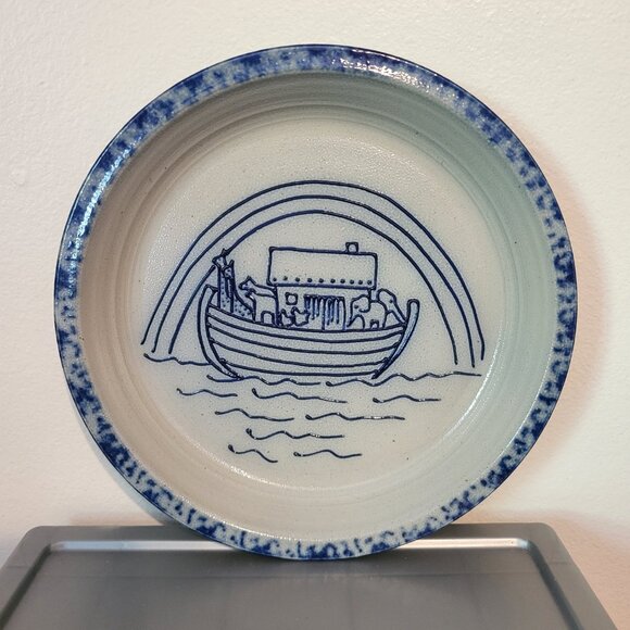 Eldreth Pottery Salt Glaze Pottery Gray Blue Noah's ark 1999 Plate 11”D 1.25”T - Picture 1 of 7